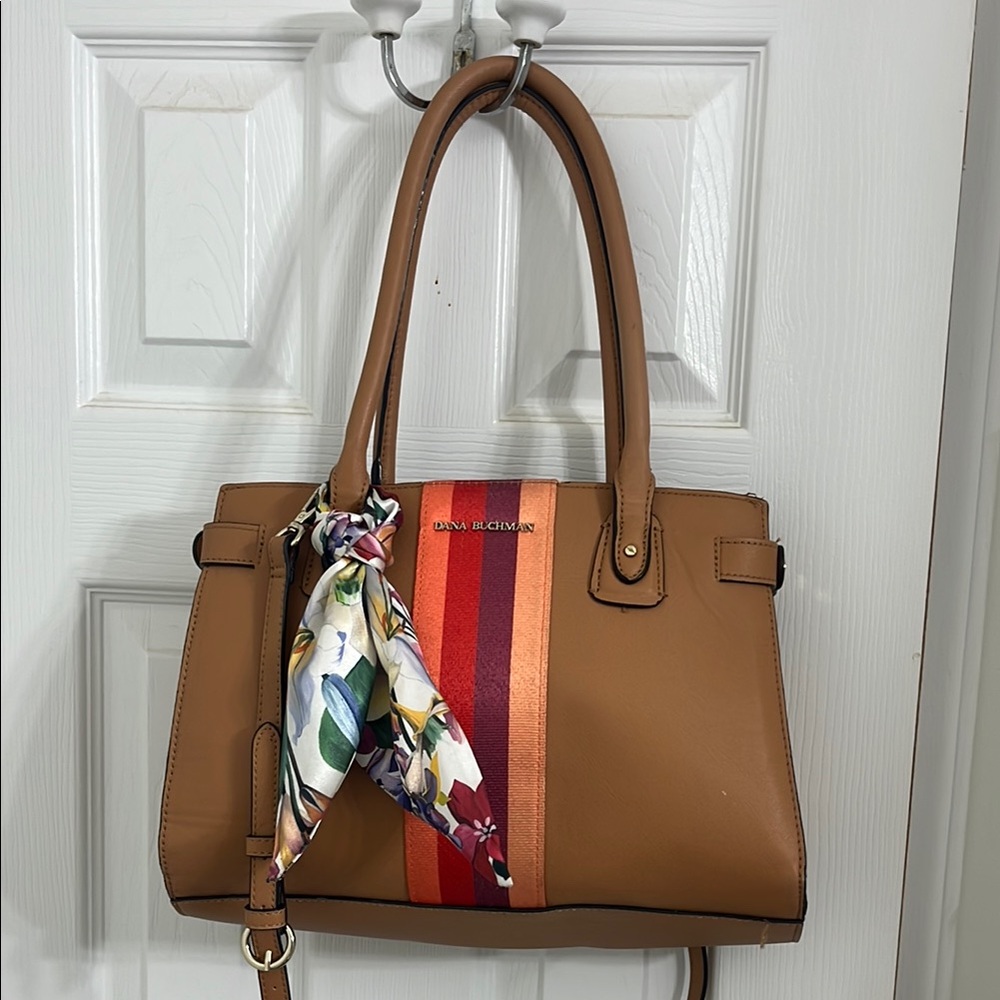 Tan Leather Tote Bag with Striped Accent